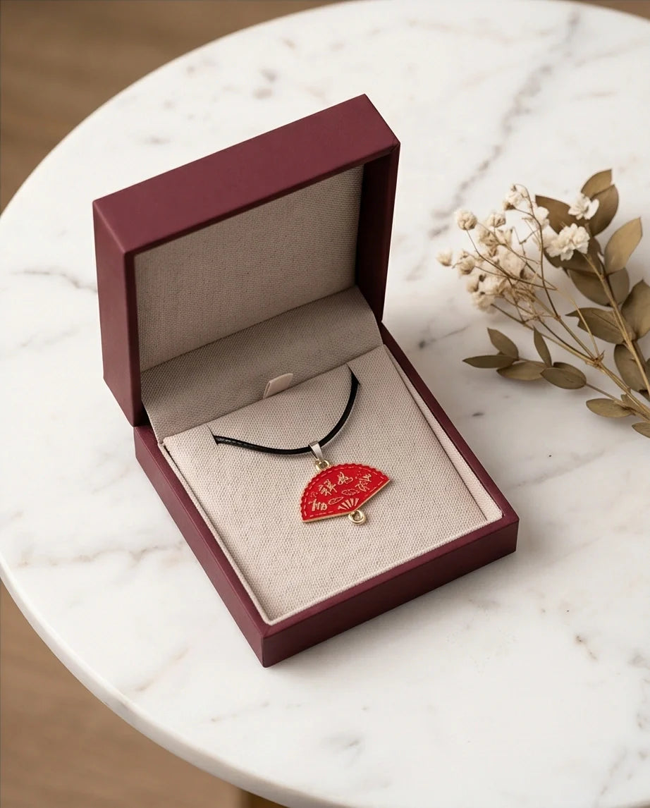 Traditional Red Folding Fan "Ji Xiang Ru Yi" Pendant Necklace
