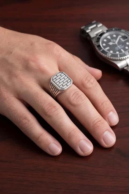 Vintage Sterling Silver Industrial Brick Wall Signet Ring
