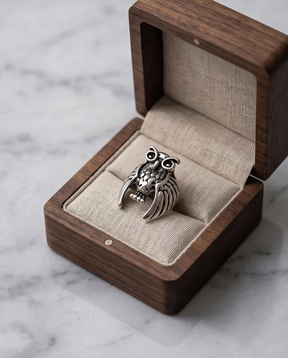 Oxidized Silver Sculpted Owl Statement Ring