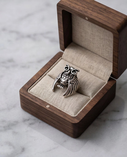 Oxidized Silver Sculpted Owl Statement Ring