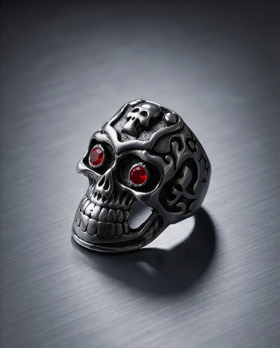 Ruby-Eyed Crested Filigree Skull Ring