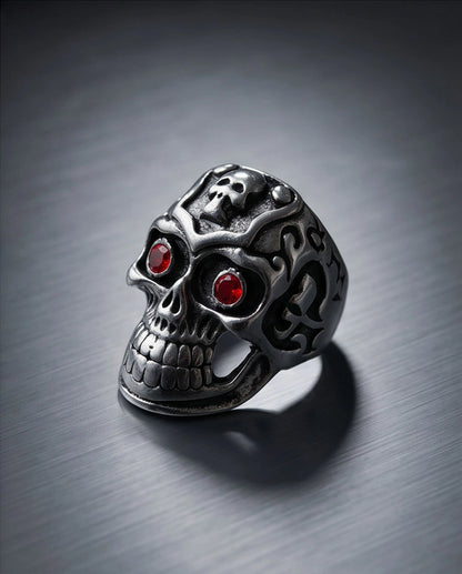 Ruby-Eyed Crested Filigree Skull Ring