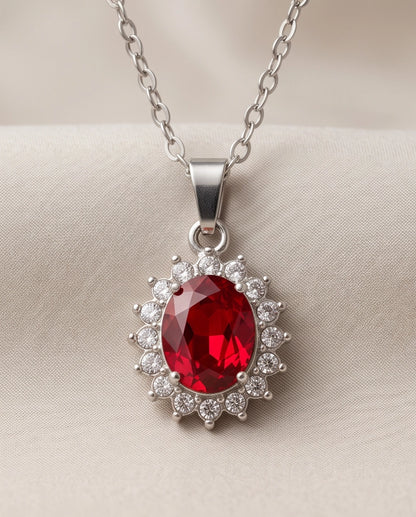 Silver Garnet Red Oval Halo Medallion Pendant Necklace