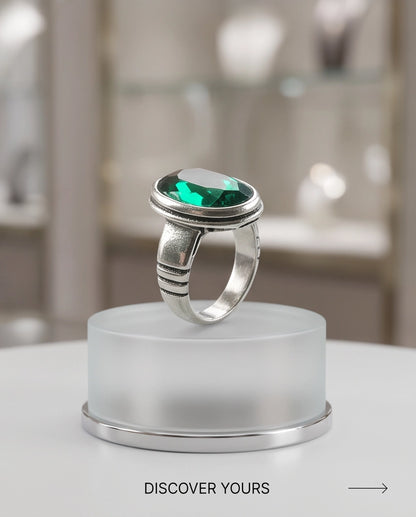 Emerald Gemstone Double Oval Bezel Minimalist Silver Ring