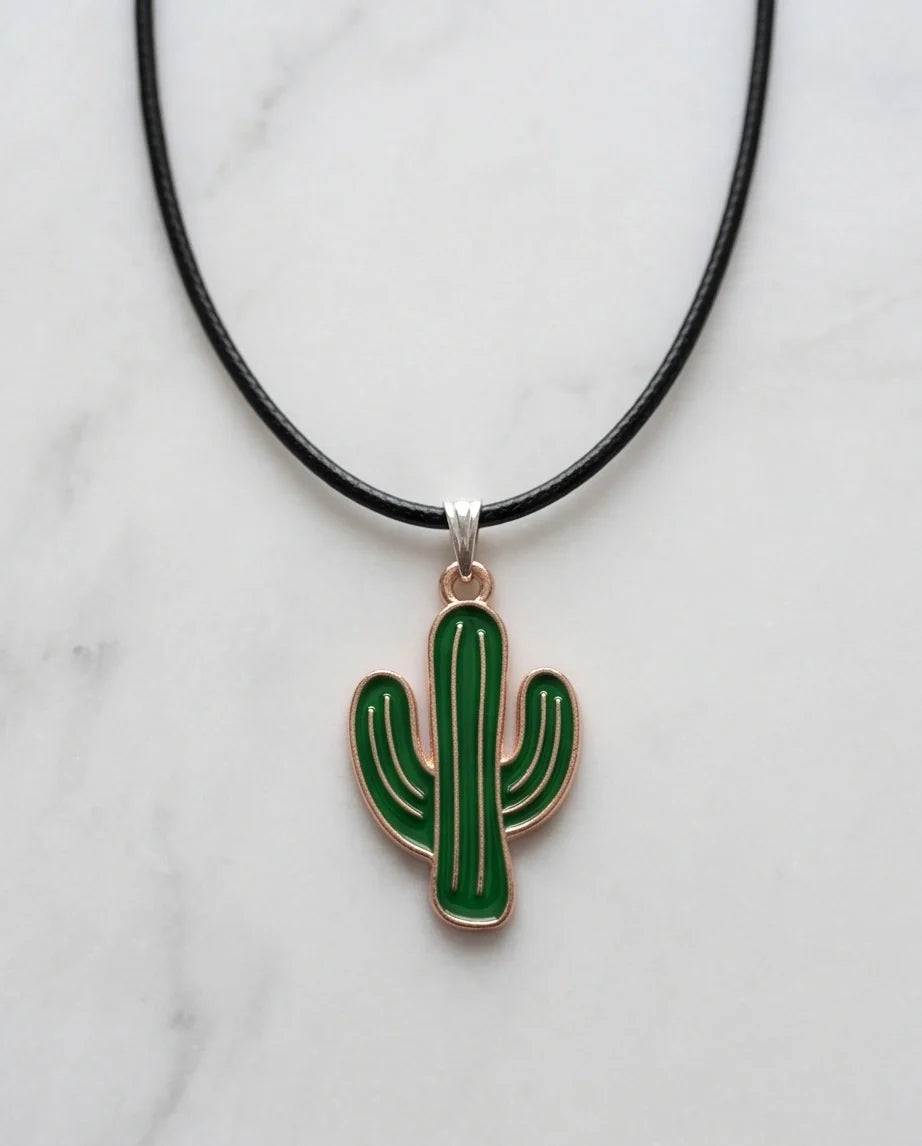Gold and Green Cactus Pendant Necklace