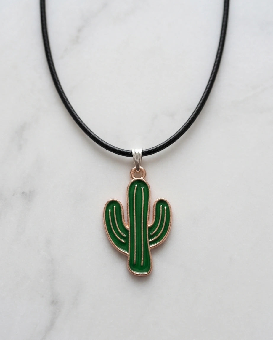 Gold and Green Cactus Pendant Necklace