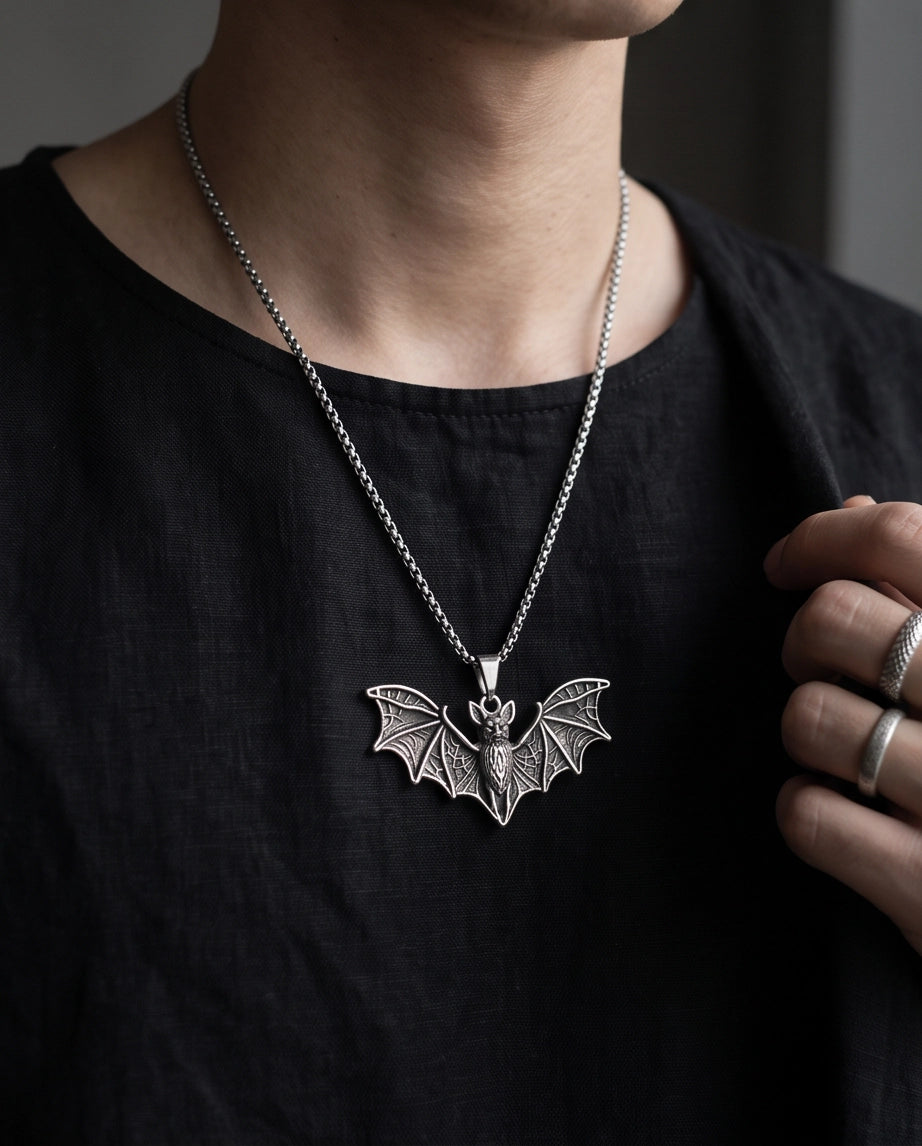 Silver Oxidized Flying Bat Pendant Necklace