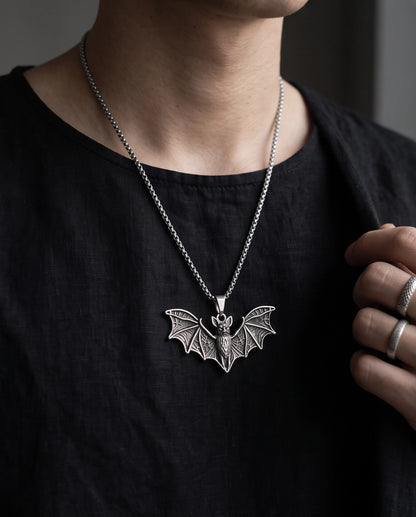 Silver Oxidized Flying Bat Pendant Necklace