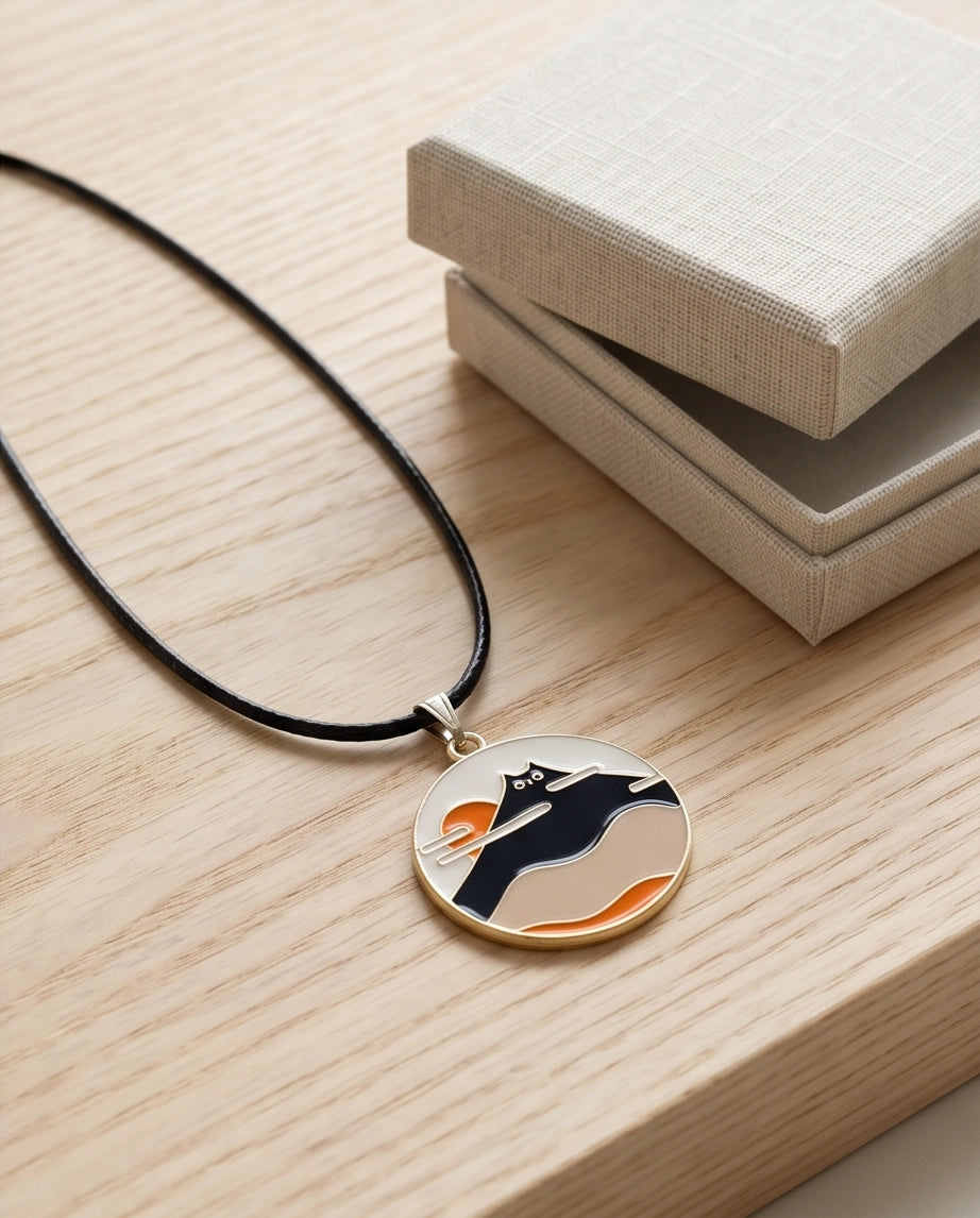 Japanese Mountain & Cat Enamel Pendant Necklace