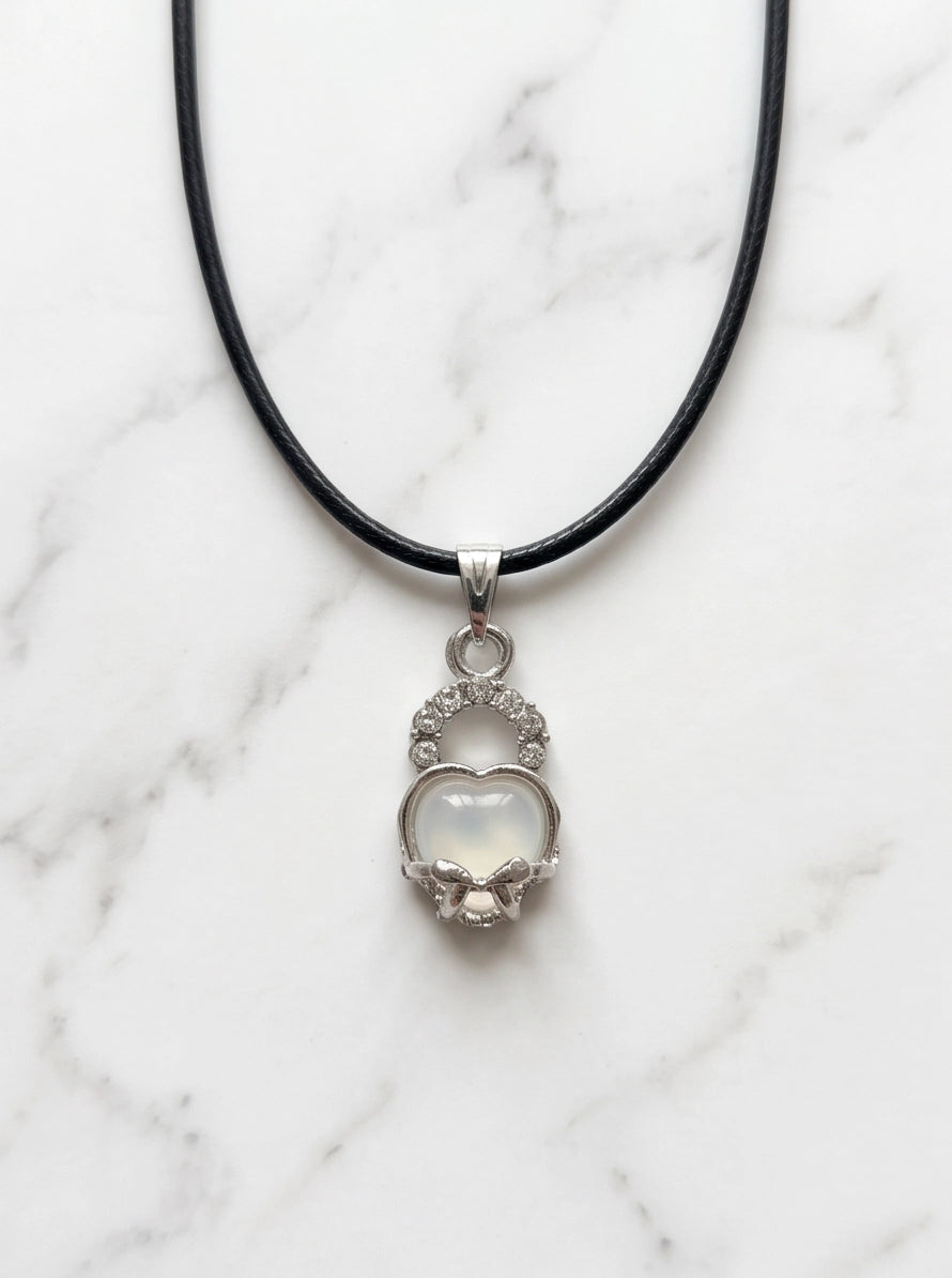 White Moonstone Heart Bow Lock Pendant Necklace