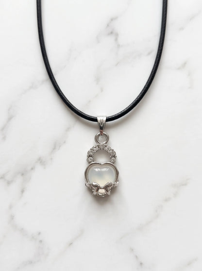 White Moonstone Heart Bow Lock Pendant Necklace