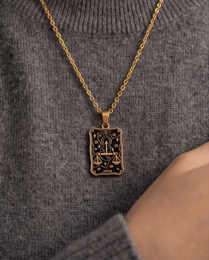 Gold "Justice" Tarot Card Pendant Necklace