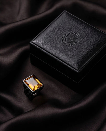 Matte Black Emerald-Cut Amber Citrine Signet Ring