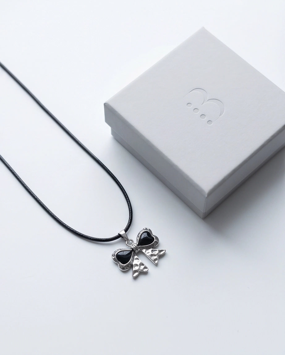 Black Enamel Ribbon Bow Pendant Necklace