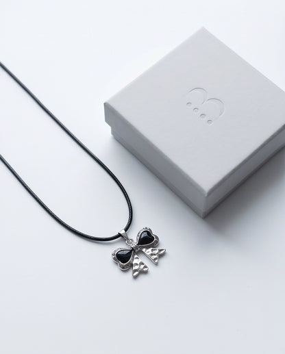 Black Enamel Ribbon Bow Pendant Necklace