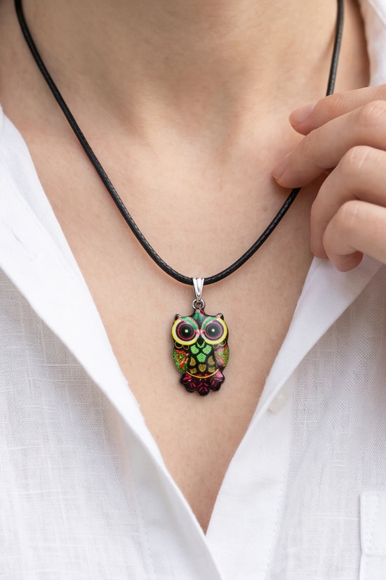 Neon Cyberpunk Owl Totem Pendant Necklace
