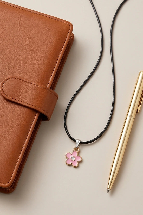 Dainty Pink Five-Petal Flower Enamel Pendant Necklace