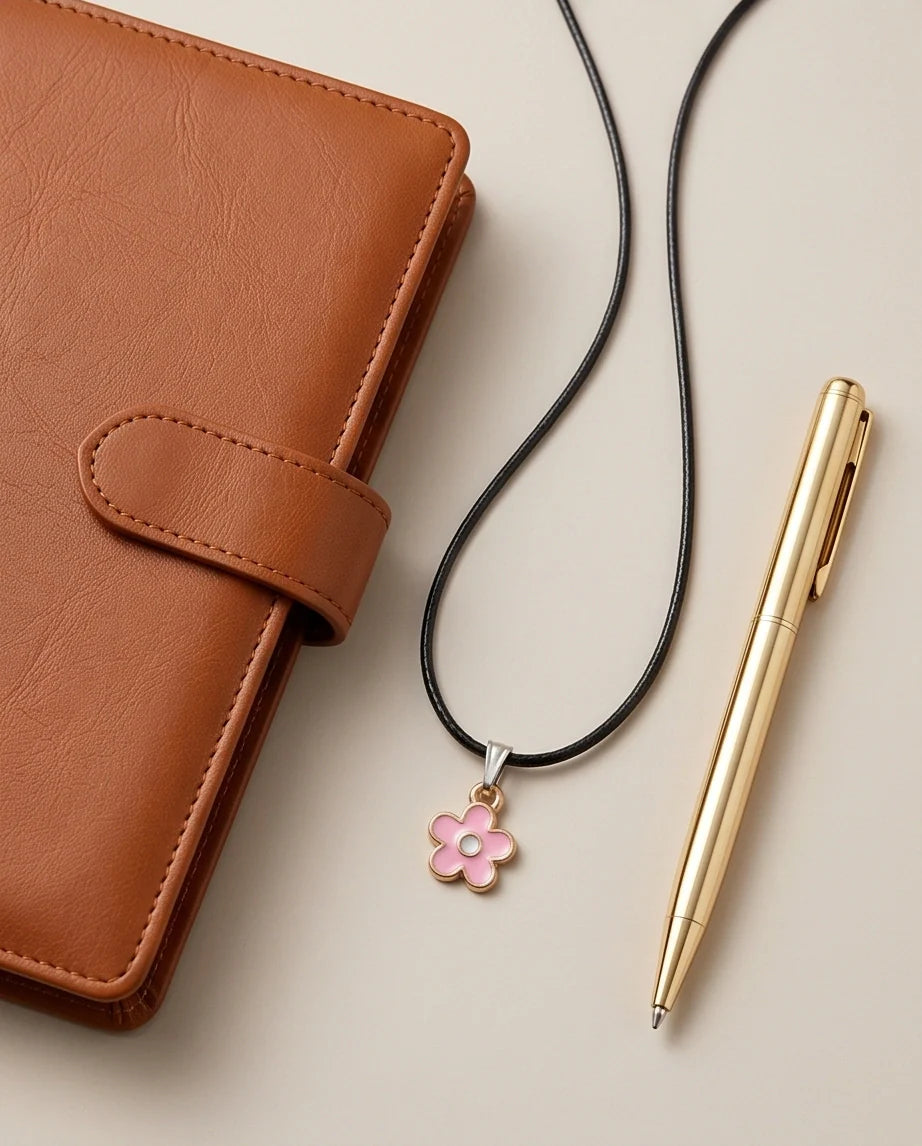 Dainty Pink Five-Petal Flower Enamel Pendant Necklace