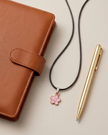 Dainty Pink Five-Petal Flower Enamel Pendant Necklace