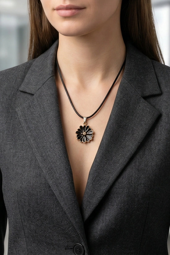 Gold and Black Sunflower Pendant Necklace
