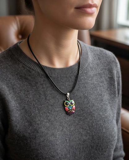 Artistic Multi-Color Mosaic Owl Totem Pendant Necklace