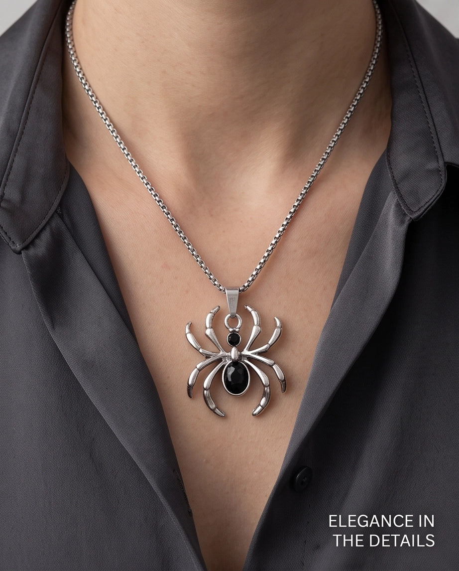 Silver Black Gemstone Spider Pendant Necklace