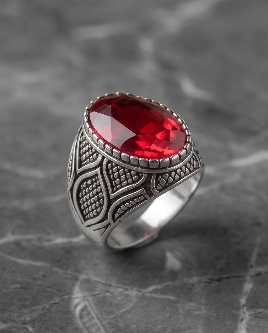 Ruby Gemstone Beaded Bezel Scale-Lattice Silver Ring