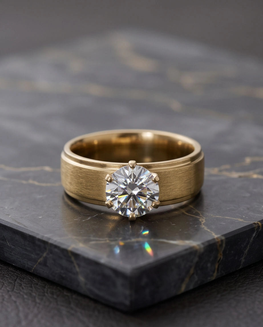 Gold Round Gemstone Brushed Solitaire Ring