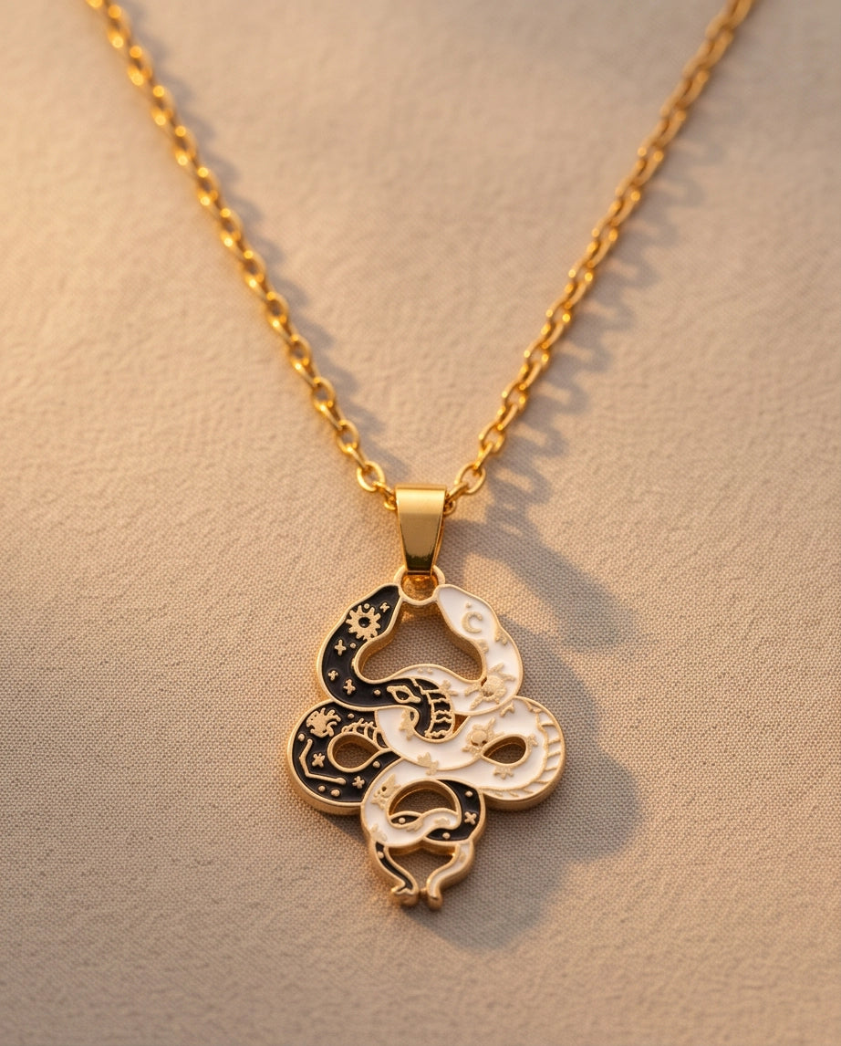 Gold Dual Serpent Celestial Enamel Pendant Necklace