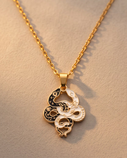 Gold Dual Serpent Celestial Enamel Pendant Necklace