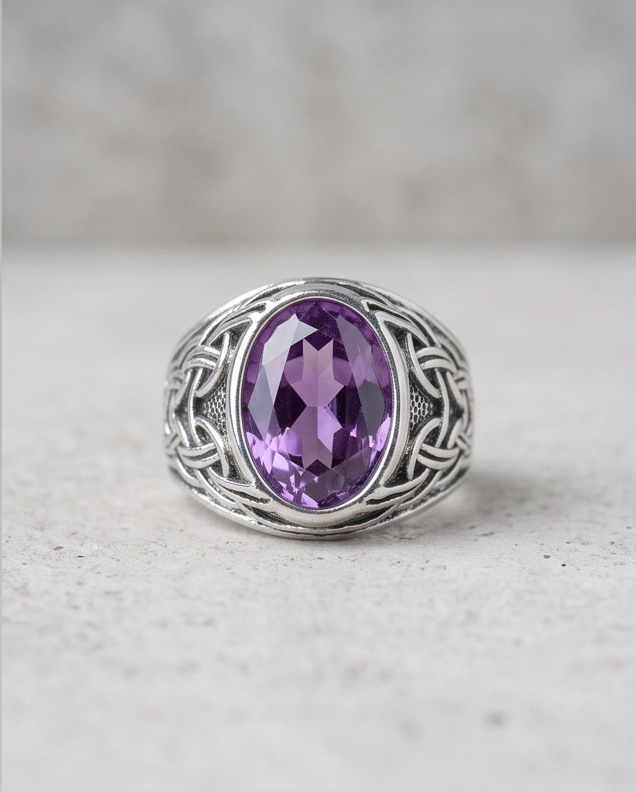 Amethyst Gemstone Celtic Knotwork Silver Ring
