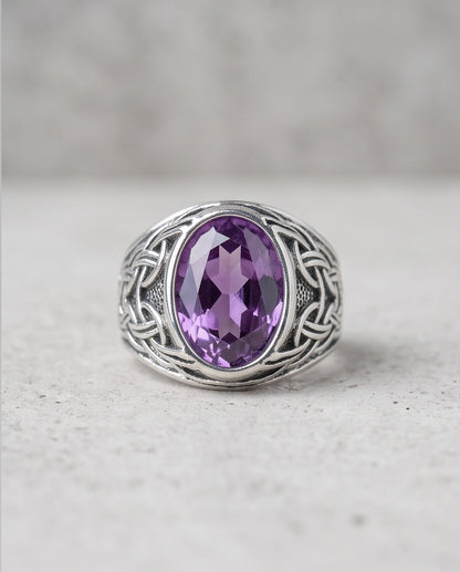 Amethyst Gemstone Celtic Knotwork Silver Ring