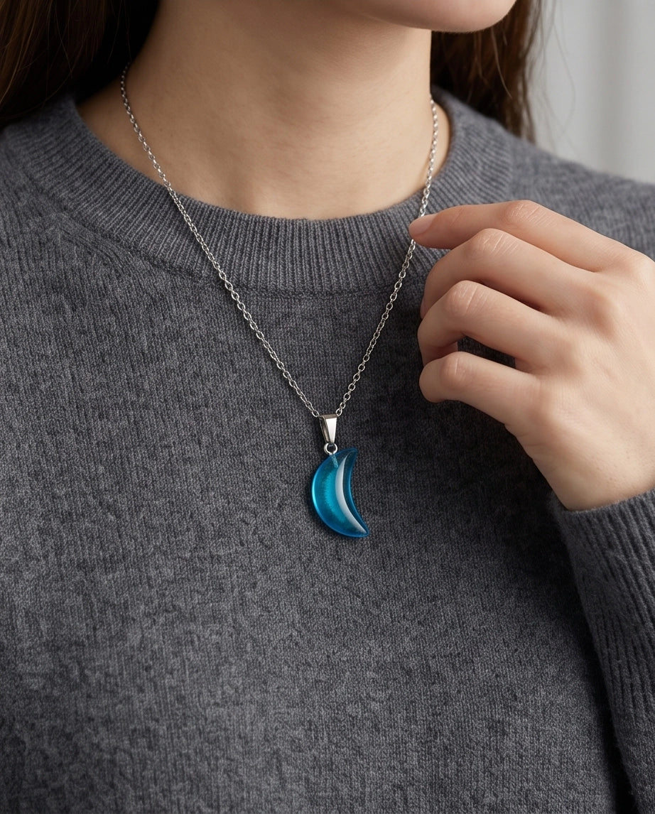 Silver Cyan Crescent Moon Resin Pendant Necklace