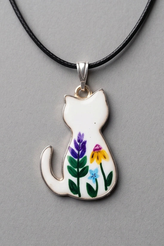 Artistic Floral Botanical Feline Silhouette Pendant Necklace