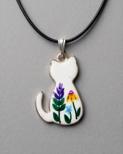 Artistic Floral Botanical Feline Silhouette Pendant Necklace