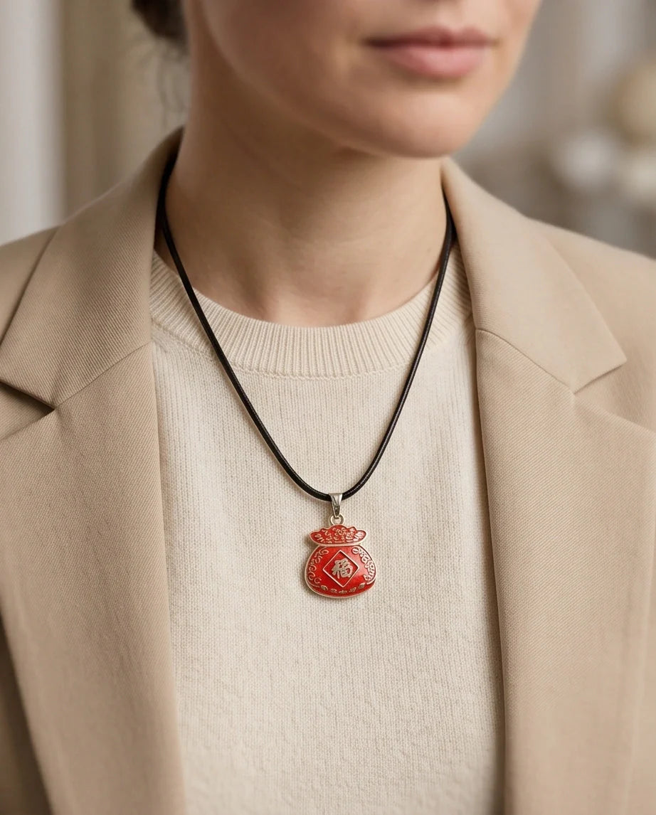 Traditional Red "Fu" Lucky Money Bag Pendant Necklace