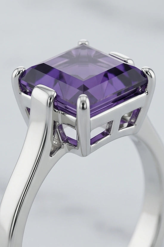 Sterling Silver Deep Amethyst Princess Cut Solitaire Ring