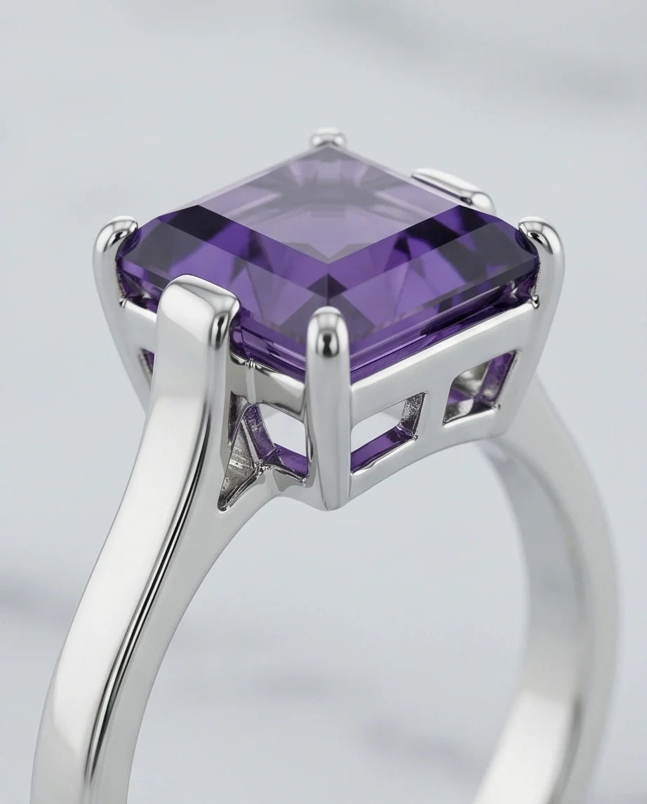 Sterling Silver Deep Amethyst Princess Cut Solitaire Ring