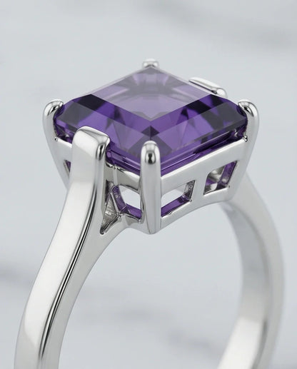 Sterling Silver Deep Amethyst Princess Cut Solitaire Ring