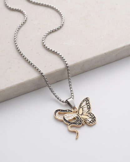 Gold Snake & Butterfly Celestial Enamel Pendant Necklace