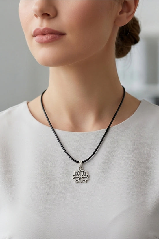 The Zen Bloom: Geometric Matte Silver Lotus Pendant Necklace