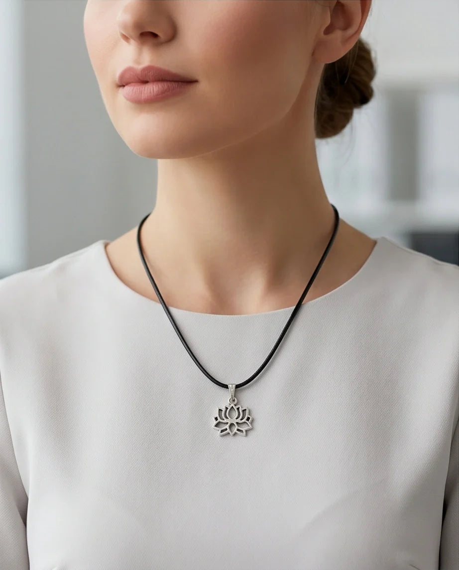 The Zen Bloom: Geometric Matte Silver Lotus Pendant Necklace