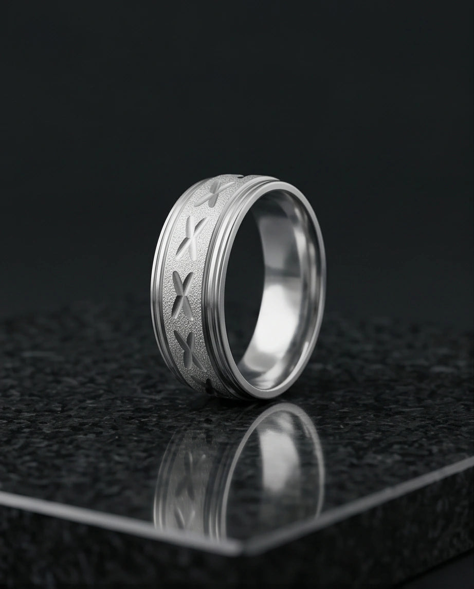 Textured Silver 'X' Engraved Band Ring