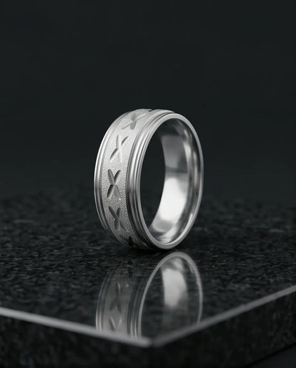 Textured Silver 'X' Engraved Band Ring