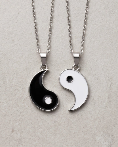 Silver Yin Yang Couple Enamel Pendant Necklace Set