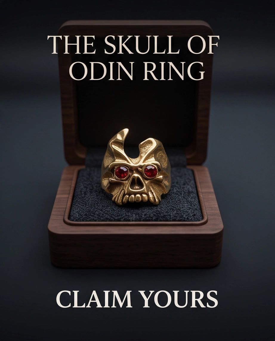 Ruby-Eyed Gothic Horned Skull Gold Ring