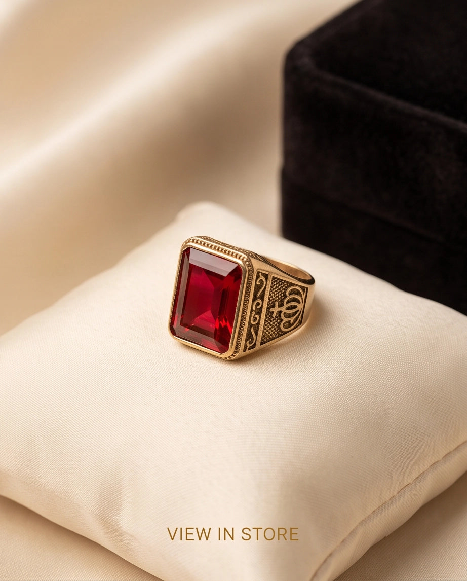 Crimson Ruby Emerald-Cut Gemstone Crown Motif Gold Ring