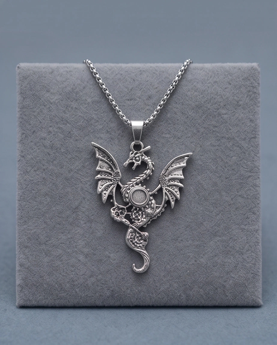 Silver Steampunk Dragon Gear Pendant Necklace