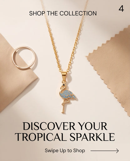 Gold Blue Crystal Paved Flamingo Pendant Necklace