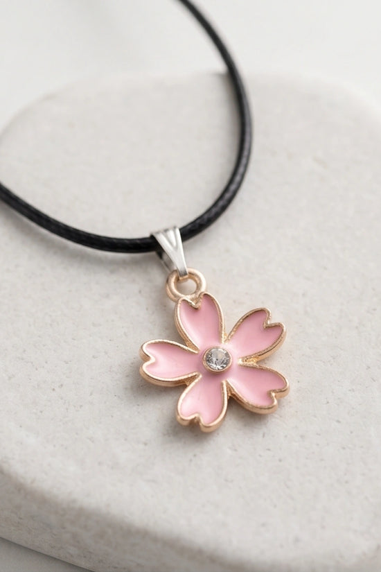 Pink Cherry Blossom Enamel Pendant Necklace with Crystal Accent
